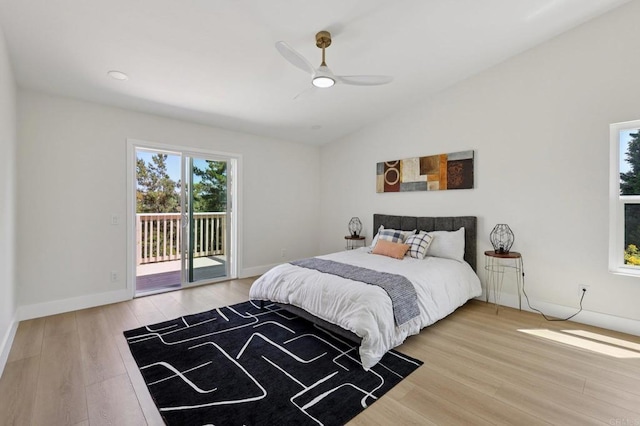 5471 Papagallo Dr, Oceanside, CA 92057 - bedroom with access to exterior, wood finished floors, lofted ceiling, and ceiling fan