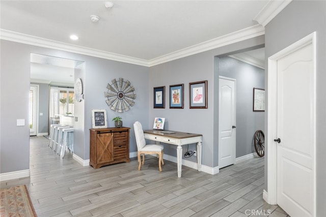 31735 Mesa View Dr, Menifee, CA 92584 - office space featuring light wood-type flooring, crown molding, and recessed lighting