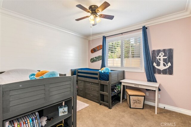 31735 Mesa View Dr, Menifee, CA 92584 - bedroom with ornamental molding, light colored carpet, and a ceiling fan