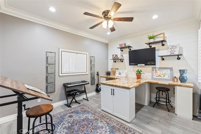 31735 Mesa View Dr, Menifee, CA 92584 - office space featuring ceiling fan, crown molding, light wood-type flooring, and recessed lighting