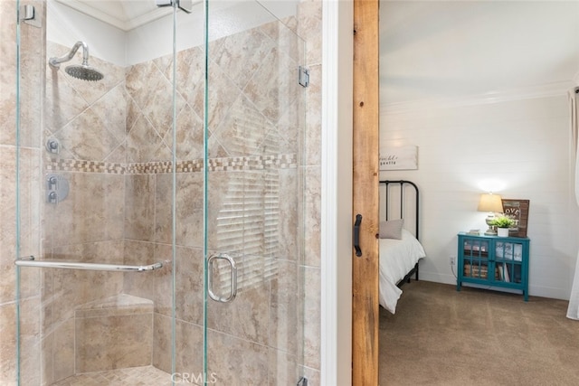 31735 Mesa View Dr, Menifee, CA 92584 - bathroom featuring ornamental molding and a shower stall