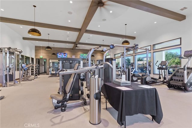 32813 Brunello Way, Temecula, CA 92591 - workout area with carpet flooring, beamed ceiling, and recessed lighting