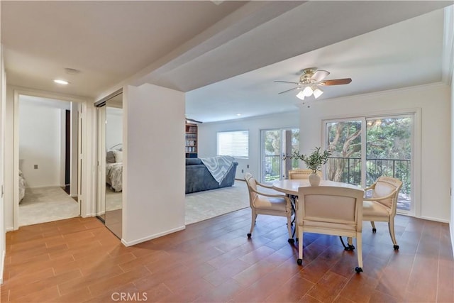 5371 Punta Alta Unit 2G, Laguna Woods, CA 92637 - dining room with ceiling fan, wood finished floors, and recessed lighting