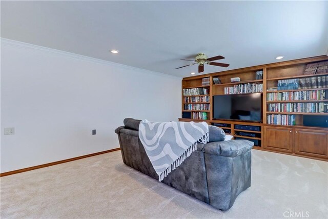 5371 Punta Alta Unit 2G, Laguna Woods, CA 92637 - carpeted living room featuring a ceiling fan, ornamental molding, and recessed lighting