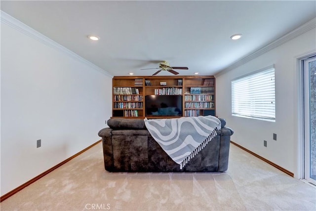 5371 Punta Alta Unit 2G, Laguna Woods, CA 92637 - carpeted living area with a ceiling fan, ornamental molding, and recessed lighting
