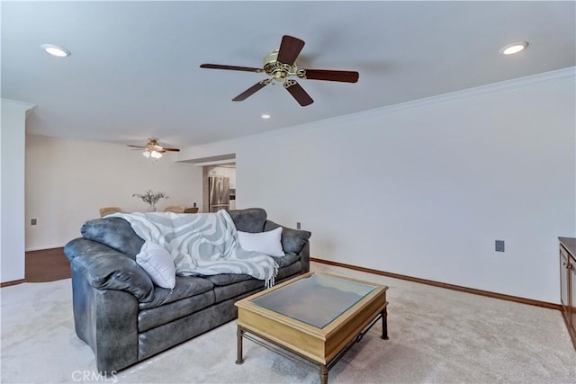 5371 Punta Alta Unit 2G, Laguna Woods, CA 92637 - living room with a ceiling fan, light carpet, crown molding, and recessed lighting
