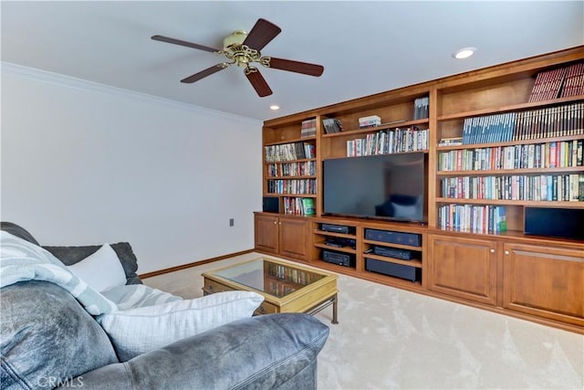 5371 Punta Alta Unit 2G, Laguna Woods, CA 92637 - carpeted living area with crown molding, a ceiling fan, recessed lighting, and built in shelves