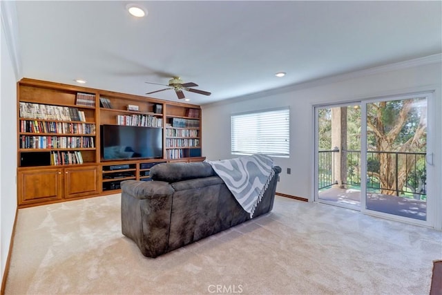 5371 Punta Alta Unit 2G, Laguna Woods, CA 92637 - living area with ornamental molding, ceiling fan, light carpet, and recessed lighting