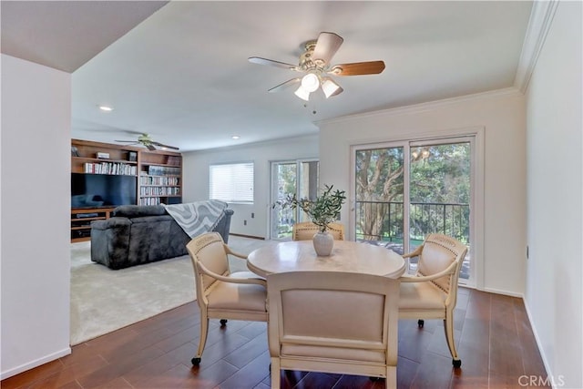 5371 Punta Alta Unit 2G, Laguna Woods, CA 92637 - dining space with a ceiling fan, crown molding, dark wood-type flooring, and recessed lighting