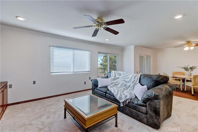 5371 Punta Alta Unit 2G, Laguna Woods, CA 92637 - living area featuring ceiling fan, crown molding, and recessed lighting