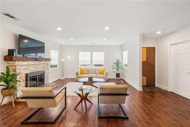321 N Keystone St, Burbank, CA 91506 - living area with hardwood / wood-style flooring, recessed lighting, and a stone fireplace