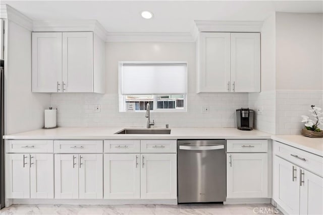 321 N Keystone St, Burbank, CA 91506 - kitchen with dishwasher, white cabinetry, light countertops, ornamental molding, and recessed lighting