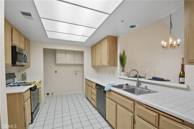 10361 Garden Grove Blvd Unit 17, Garden Grove, CA 92843 - kitchen with black appliances, light countertops, a chandelier, light tile patterned floors, and light brown cabinets