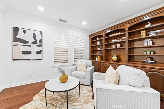 27684 Manor Hill Rd, Laguna Niguel, CA 92677 - living area featuring ornamental molding, dark wood-style floors, and recessed lighting
