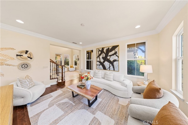 27684 Manor Hill Rd, Laguna Niguel, CA 92677 - living area featuring healthy amount of natural light, stairs, recessed lighting, wood finished floors, and ornamental molding
