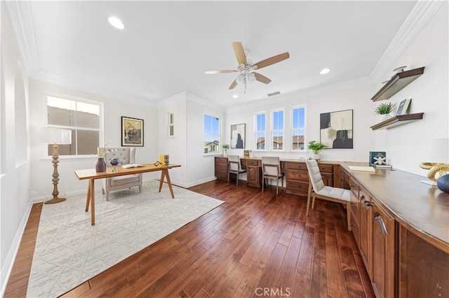 27684 Manor Hill Rd, Laguna Niguel, CA 92677 - office featuring a ceiling fan, dark wood-style floors, healthy amount of natural light, crown molding, and recessed lighting