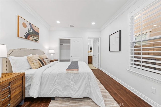 27684 Manor Hill Rd, Laguna Niguel, CA 92677 - bedroom with crown molding, wood finished floors, a closet, recessed lighting, and ensuite bathroom
