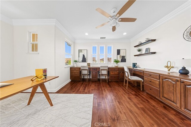 27684 Manor Hill Rd, Laguna Niguel, CA 92677 - office with ceiling fan, dark wood-style flooring, built in desk, recessed lighting, and ornamental molding