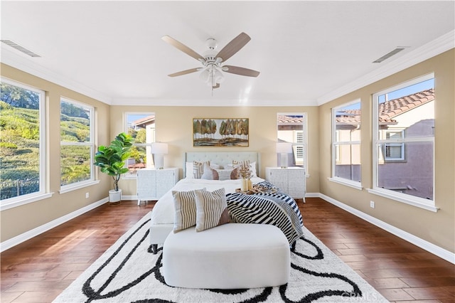27684 Manor Hill Rd, Laguna Niguel, CA 92677 - bedroom featuring hardwood / wood-style flooring, radiator heating unit, multiple windows, ornamental molding, and a ceiling fan