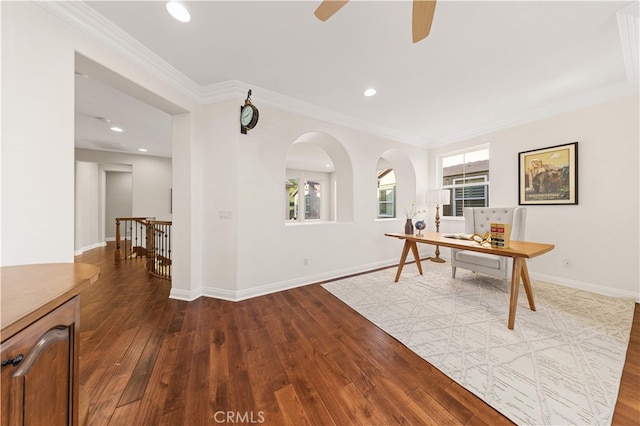 27684 Manor Hill Rd, Laguna Niguel, CA 92677 - office with dark wood-style floors, a ceiling fan, recessed lighting, and crown molding