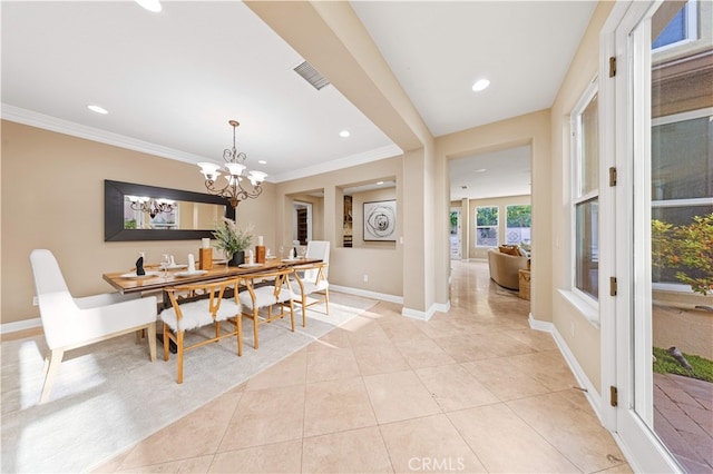 27684 Manor Hill Rd, Laguna Niguel, CA 92677 - dining room with ornamental molding, recessed lighting, a chandelier, and light tile patterned flooring