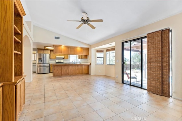 2911 Gilead Ln, Paso Robles, CA 93446 - kitchen featuring stainless steel refrigerator with ice dispenser, a peninsula, a ceiling fan, lofted ceiling, and open floor plan