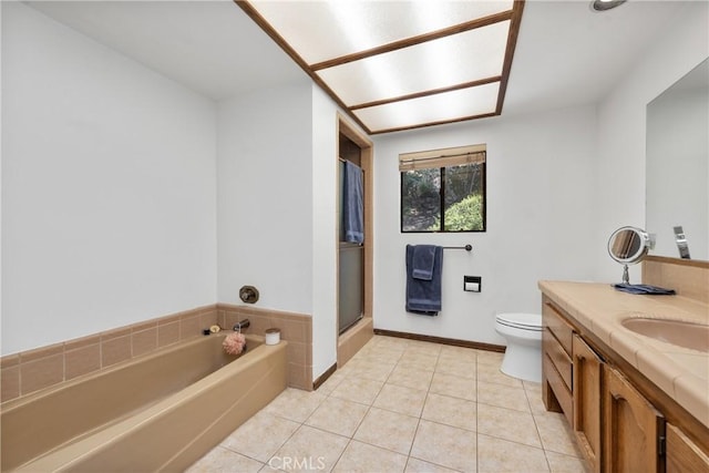 9349 Hartman Way, West Hills, CA 91304 - bathroom with vanity, a bath, tile patterned floors, and a shower with door