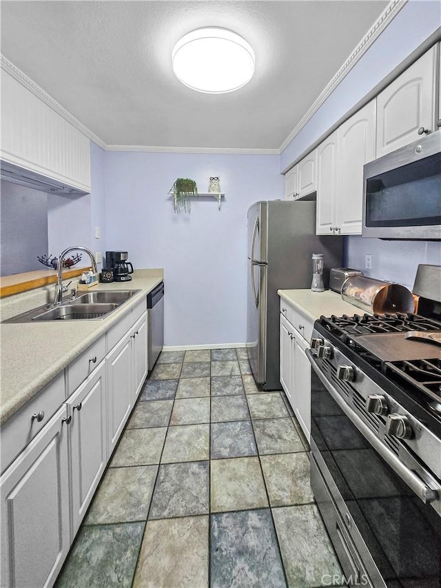 10659 Lakefront Dr, Norwalk, CA 90650 - kitchen featuring stainless steel appliances, white cabinets, crown molding, and light countertops