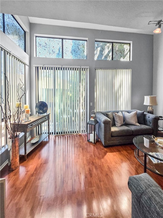 10659 Lakefront Dr, Norwalk, CA 90650 - living area with healthy amount of natural light, wood finished floors, a towering ceiling, a ceiling fan, and a textured ceiling
