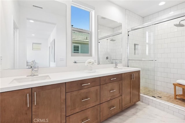 2371 Horseback Rd, Rancho Mission Viejo, CA 92694 - full bathroom with double vanity, a stall shower, marble finish floors, and recessed lighting