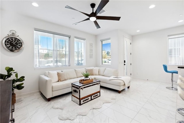 2371 Horseback Rd, Rancho Mission Viejo, CA 92694 - living room featuring marble finish floors, recessed lighting, and a ceiling fan