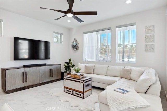 2371 Horseback Rd, Rancho Mission Viejo, CA 92694 - living room with recessed lighting, a ceiling fan, and marble look tile flooring