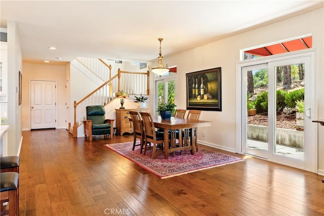 6600 San Gabriel Rd, Atascadero, CA 93422 - dining area featuring stairway, hardwood / wood-style floors, and recessed lighting