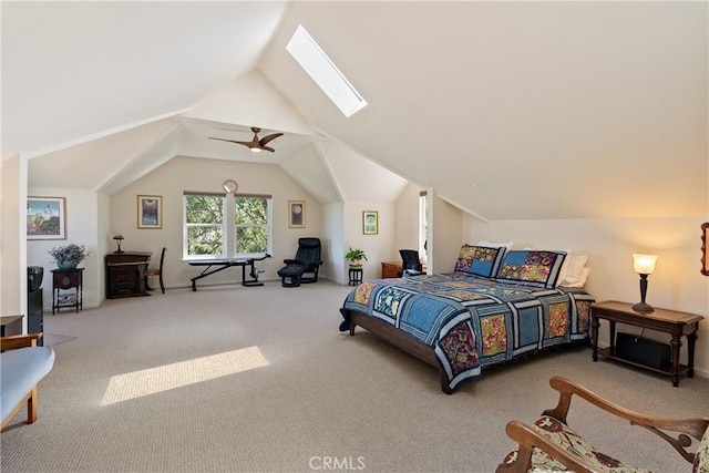 6600 San Gabriel Rd, Atascadero, CA 93422 - carpeted bedroom with a skylight, vaulted ceiling, and a ceiling fan