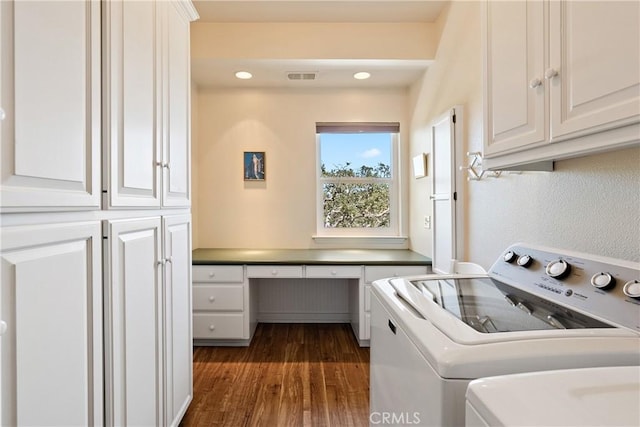 6600 San Gabriel Rd, Atascadero, CA 93422 - laundry room with cabinet space, independent washer and dryer, dark wood-style flooring, an office area, and recessed lighting