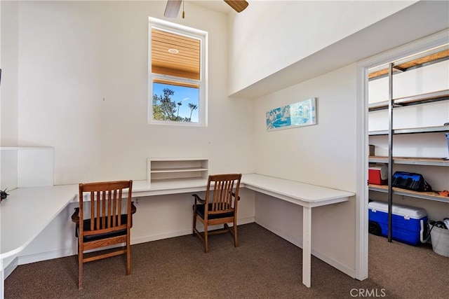 6600 San Gabriel Rd, Atascadero, CA 93422 - home office with carpet floors, built in desk, and ceiling fan