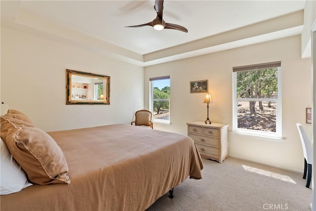 6600 San Gabriel Rd, Atascadero, CA 93422 - bedroom featuring light colored carpet, a tray ceiling, and ceiling fan