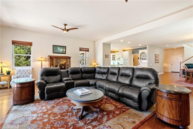 6600 San Gabriel Rd, Atascadero, CA 93422 - living room featuring wood finished floors, stairway, ceiling fan, and recessed lighting
