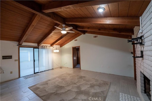 25967 Pleasant St, Hemet, CA 92544 - unfurnished living room featuring wooden ceiling, ceiling fan, a brick fireplace, and light wood-style flooring