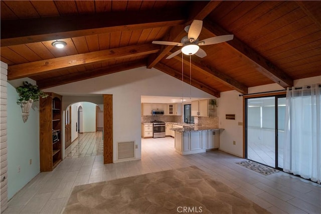 25967 Pleasant St, Hemet, CA 92544 - kitchen with appliances with stainless steel finishes, wood ceiling, light wood finished floors, ceiling fan, and arched walkways