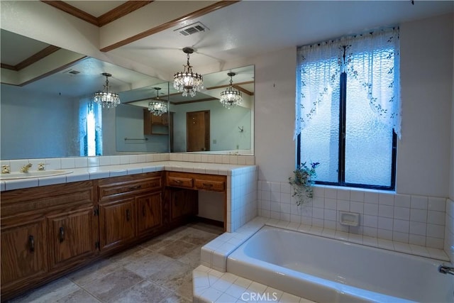 25967 Pleasant St, Hemet, CA 92544 - full bath with healthy amount of natural light, vanity, a bath, and crown molding