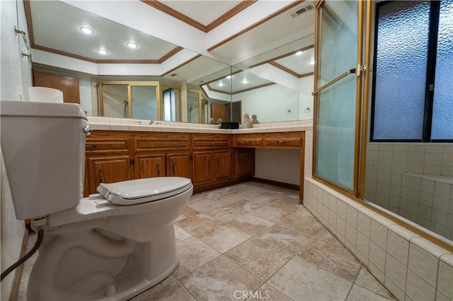 25967 Pleasant St, Hemet, CA 92544 - full bath with ornamental molding, a shower with door, vanity, and tiled bath