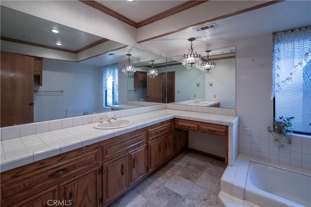 25967 Pleasant St, Hemet, CA 92544 - full bathroom with ornamental molding, a bath, vanity, and a chandelier