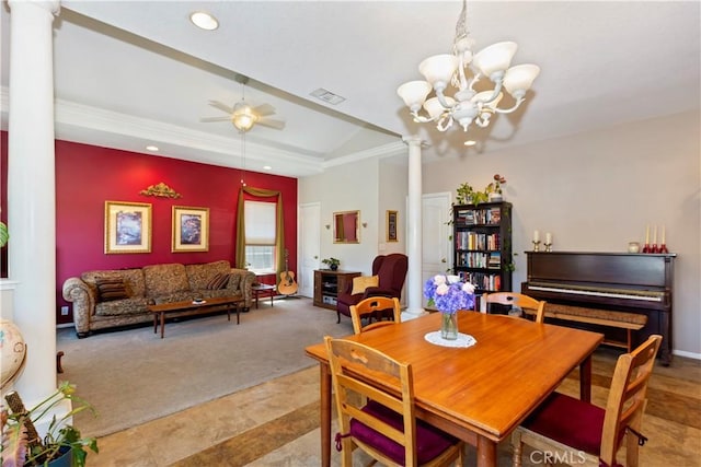 2734 Grove St, La Verne, CA 91750 - dining area featuring decorative columns, carpet flooring, ceiling fan, a chandelier, and recessed lighting