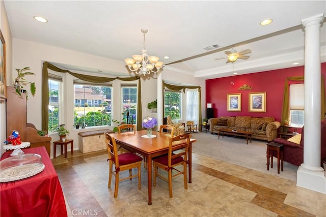2734 Grove St, La Verne, CA 91750 - dining space with recessed lighting, ornate columns, a chandelier, a ceiling fan, and ornamental molding