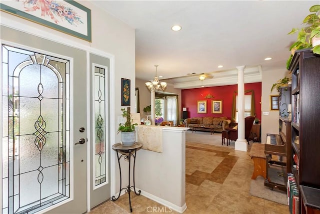 2734 Grove St, La Verne, CA 91750 - foyer featuring ornate columns, recessed lighting, and a chandelier