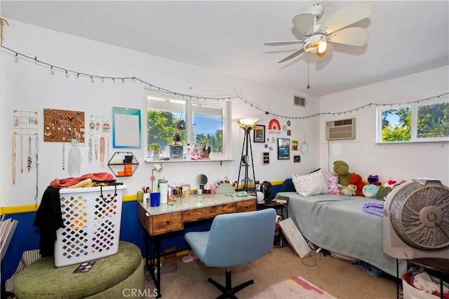 2734 Grove St, La Verne, CA 91750 - bedroom with an AC wall unit, carpet floors, a desk, and a ceiling fan