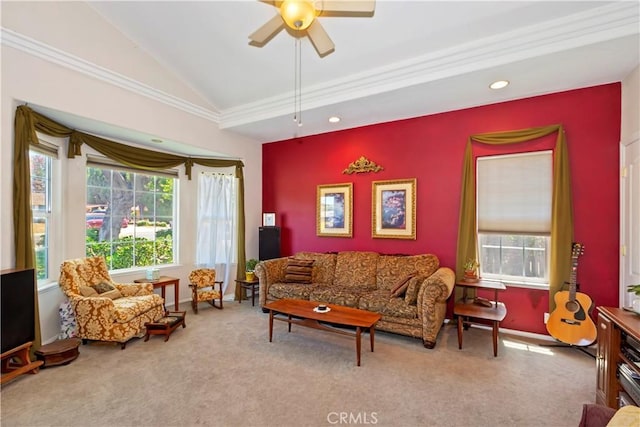 2734 Grove St, La Verne, CA 91750 - living room with vaulted ceiling, carpet floors, ceiling fan, and recessed lighting