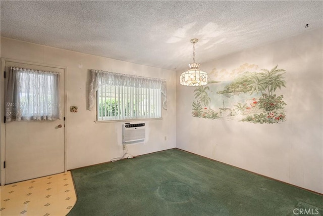 1359 W I St, Ontario, CA 91762 - unfurnished dining area featuring a chandelier, carpet floors, a textured ceiling, and a wall mounted air conditioner