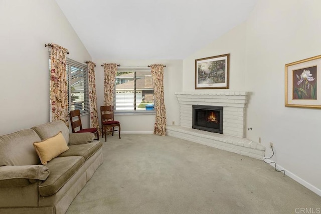 10879 Charing Cross Rd, Spring Valley, CA 91978 - living room featuring lofted ceiling, carpet floors, and a brick fireplace